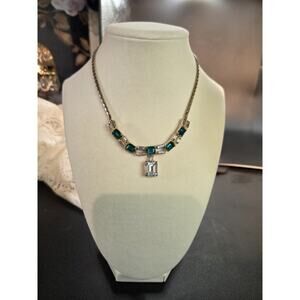 Vintage Emerald & Rhinestone Statement Necklace Simulated Retro Glam 14 Inch